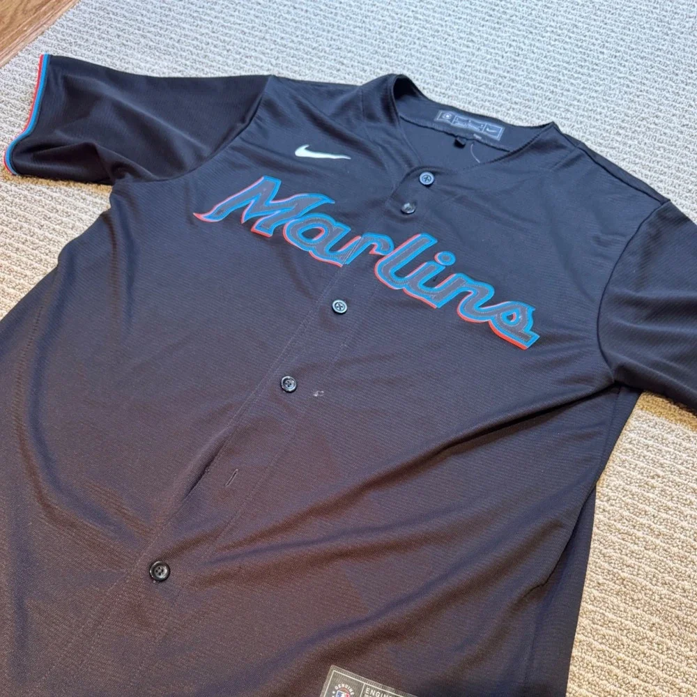 Nike Miami Marlins MLB Jersey Men's Large‎ Black Button Front Baseball Genuine